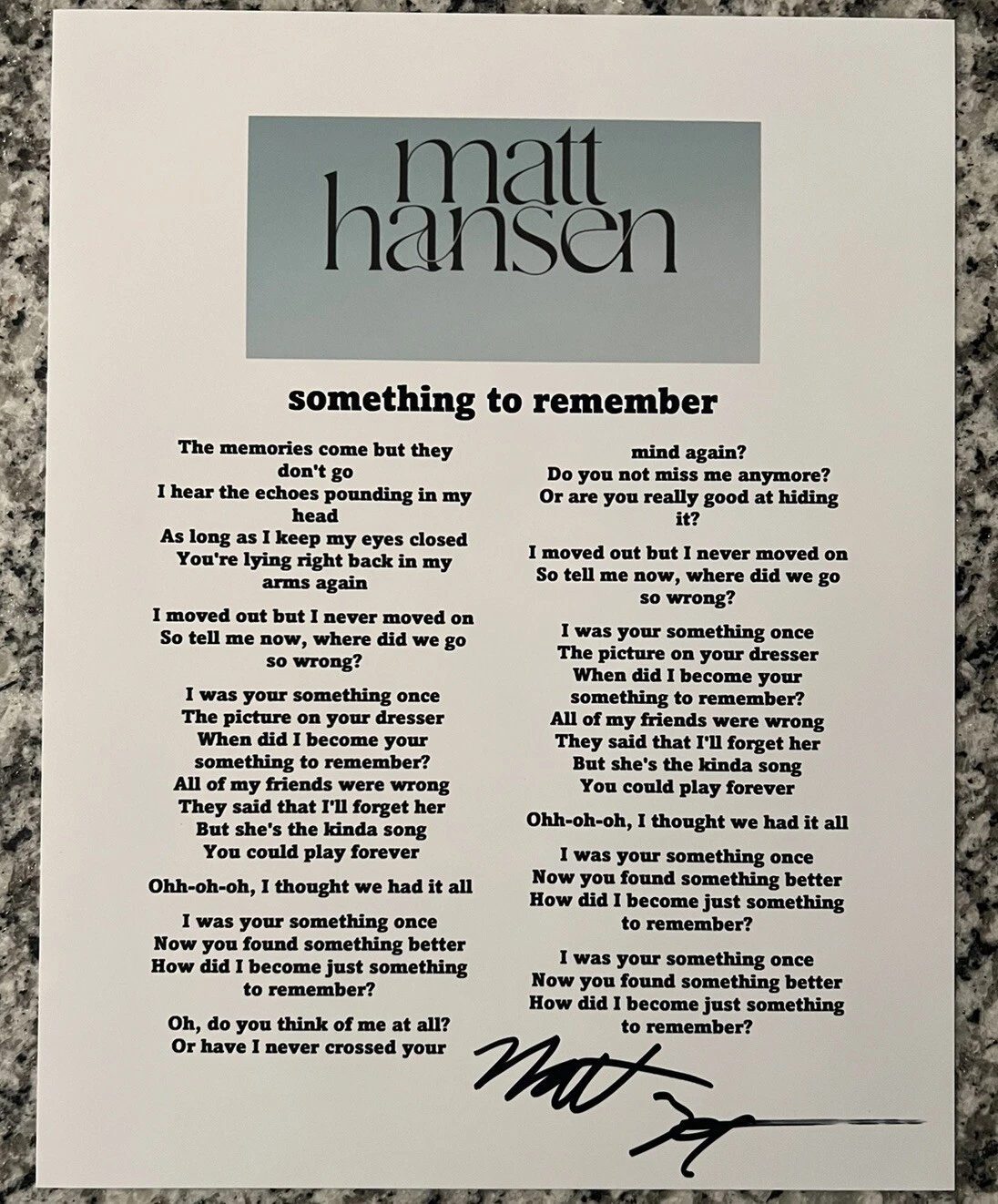 MATT HANSEN SIGNED LYRIC SHEET SOMETHING TO REMEMBER AUTOGRAPH AUTHENTIC COA