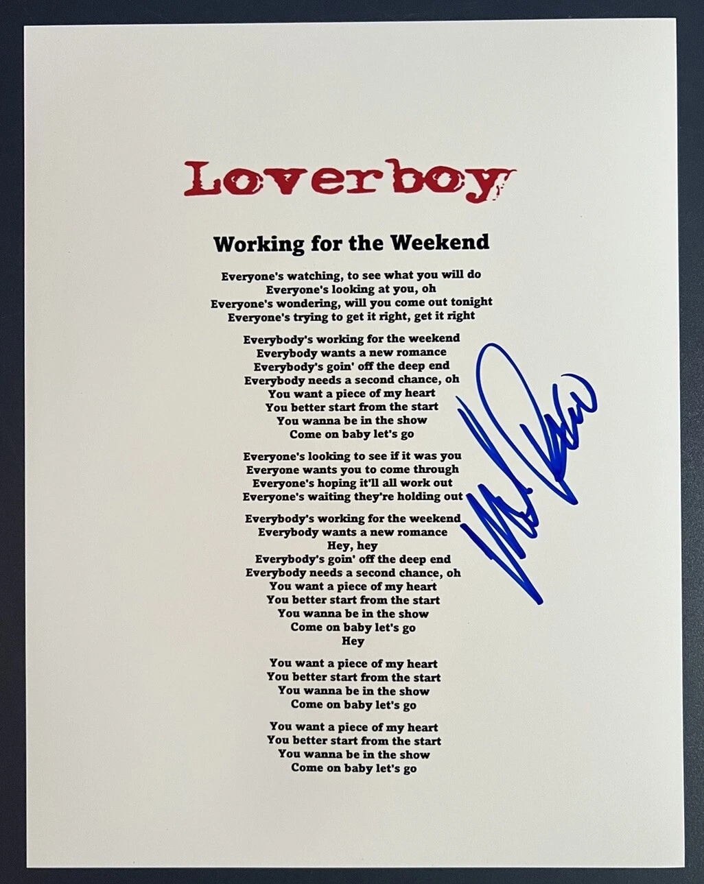 MIKE RENO SIGNED LYRIC SHEET LOVERBOY SINGER WORKING FOR THE WEEKEND AUTO COA