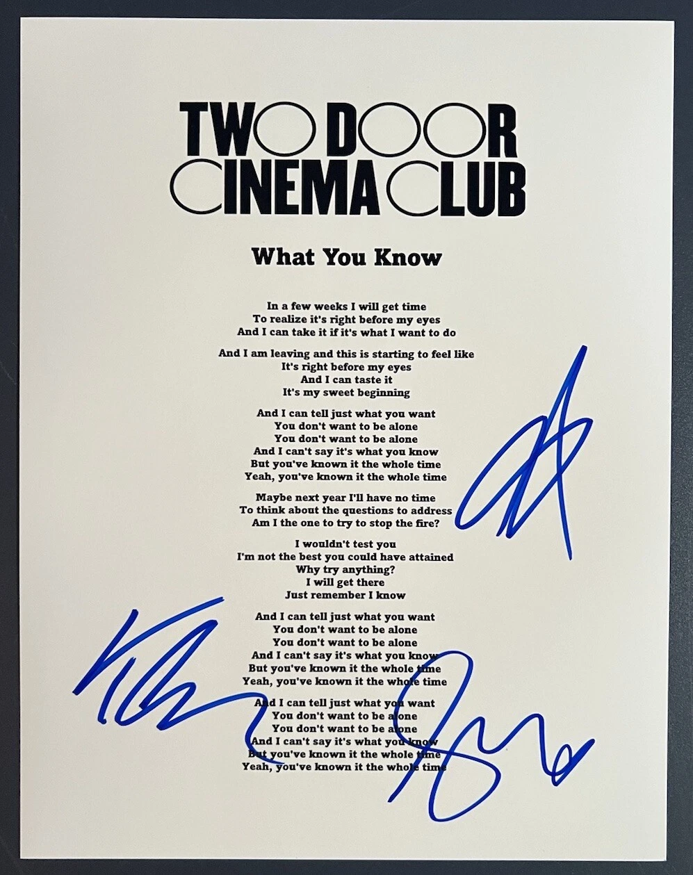 TWO DOOR CINEMA CLUB SIGNED LYRIC SHEET WHAT YOU KNOW AUTOGRAPH AUTHENTIC COA