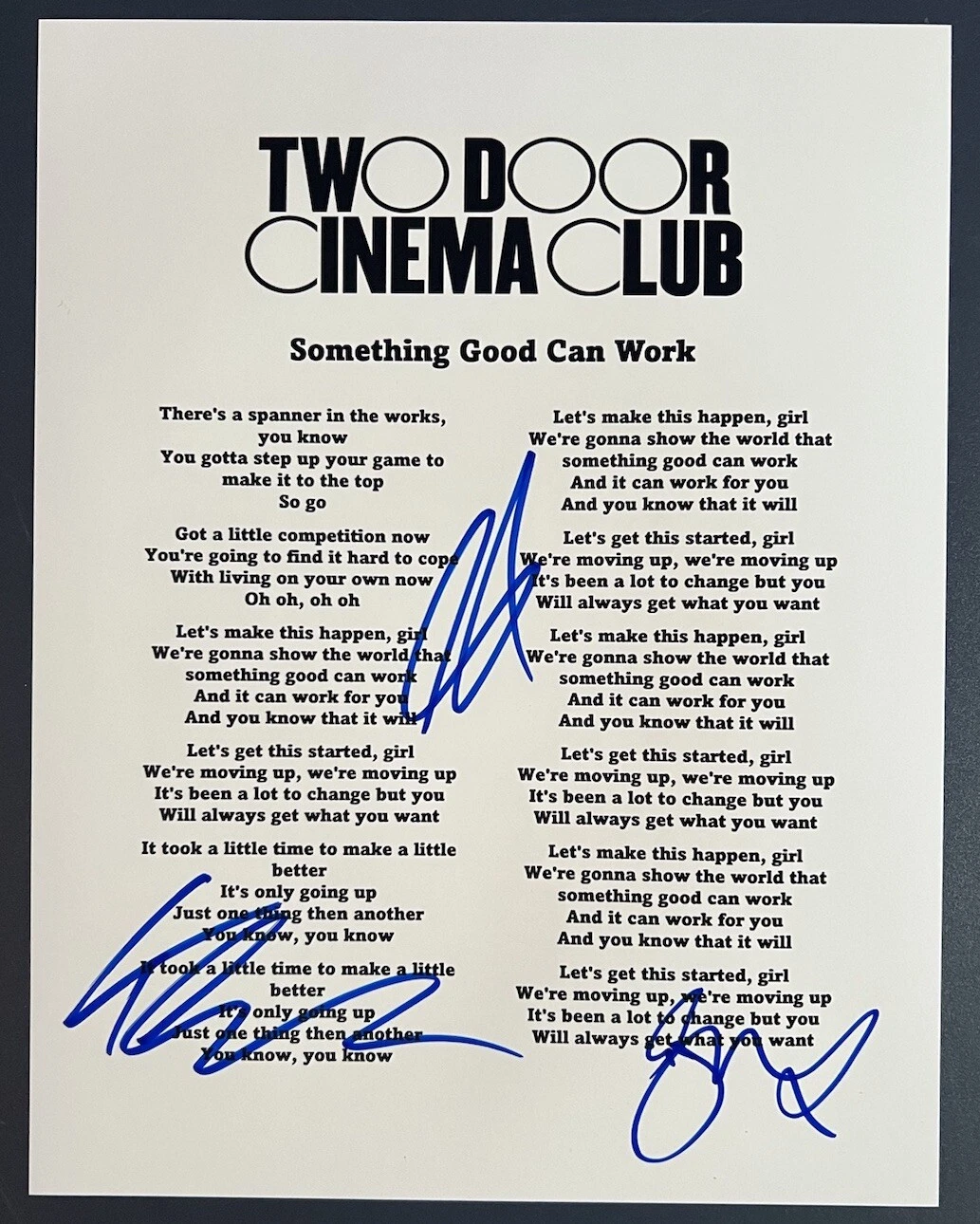 TWO DOOR CINEMA CLUB SIGNED LYRIC SHEET SOMETHING GOOD CAN WORK AUTOGRAPH COA