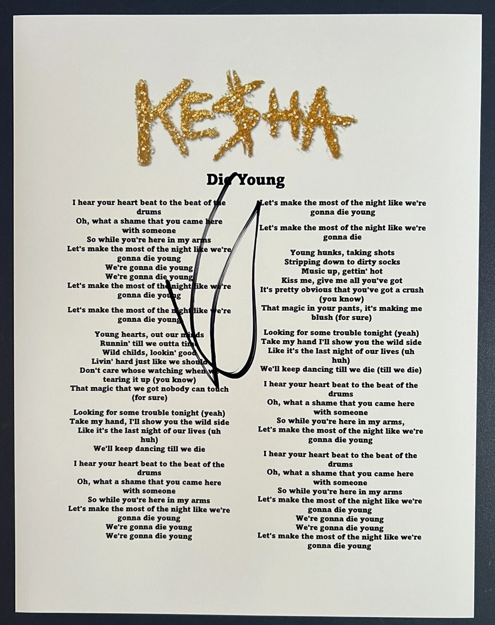 KESHA SIGNED LYRIC SHEET DIE YOUNG POP SINGER AUTOGRAPH AUTHENTIC COA