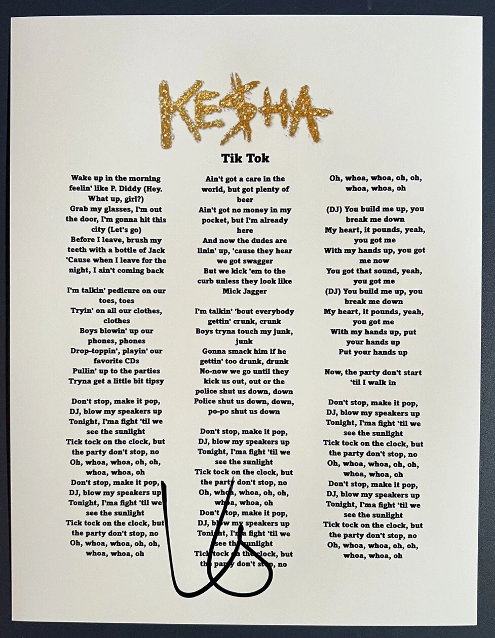 KESHA SIGNED LYRIC SHEET TIK TOK POP SINGER AUTOGRAPH AUTHENTIC COA