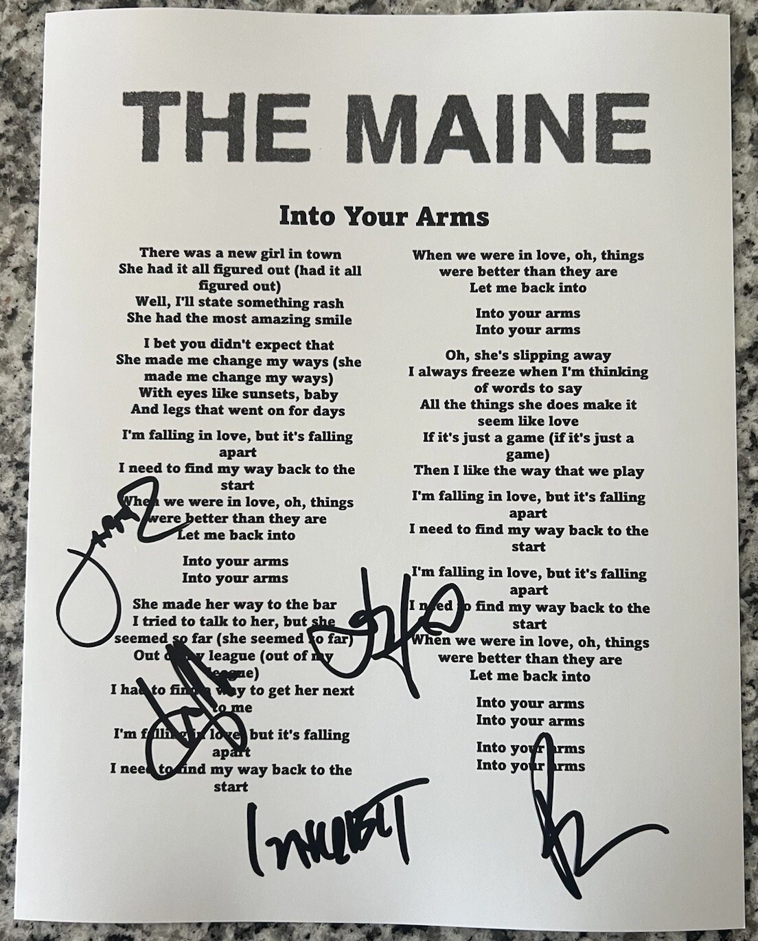 THE MAINE SIGNED LYRIC SHEET ROCK BAND INTO YOUR ARMS AUTOGRAPH AUTHENTIC COA