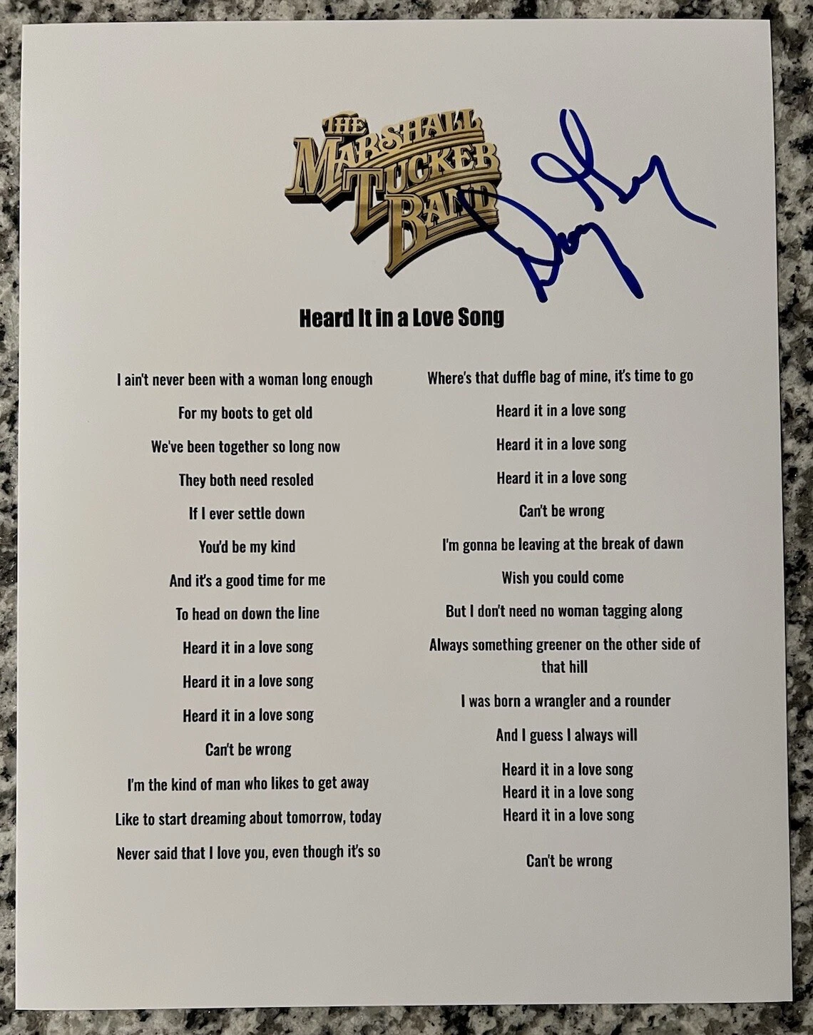DOUG GRAY SIGNED LYRIC SHEET HEARD IT IN A LOVE SONG MARSHALL TUCKER AUTO COA