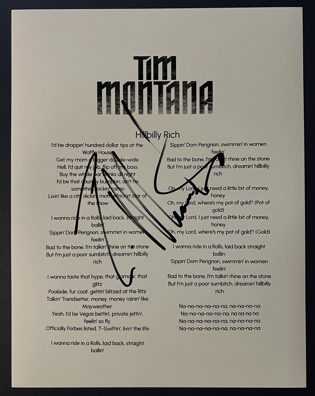 TIM MONTANA SIGNED LYRIC SHEET COUNTRY SINGER AUTHENTIC AUTOGRAPH COA