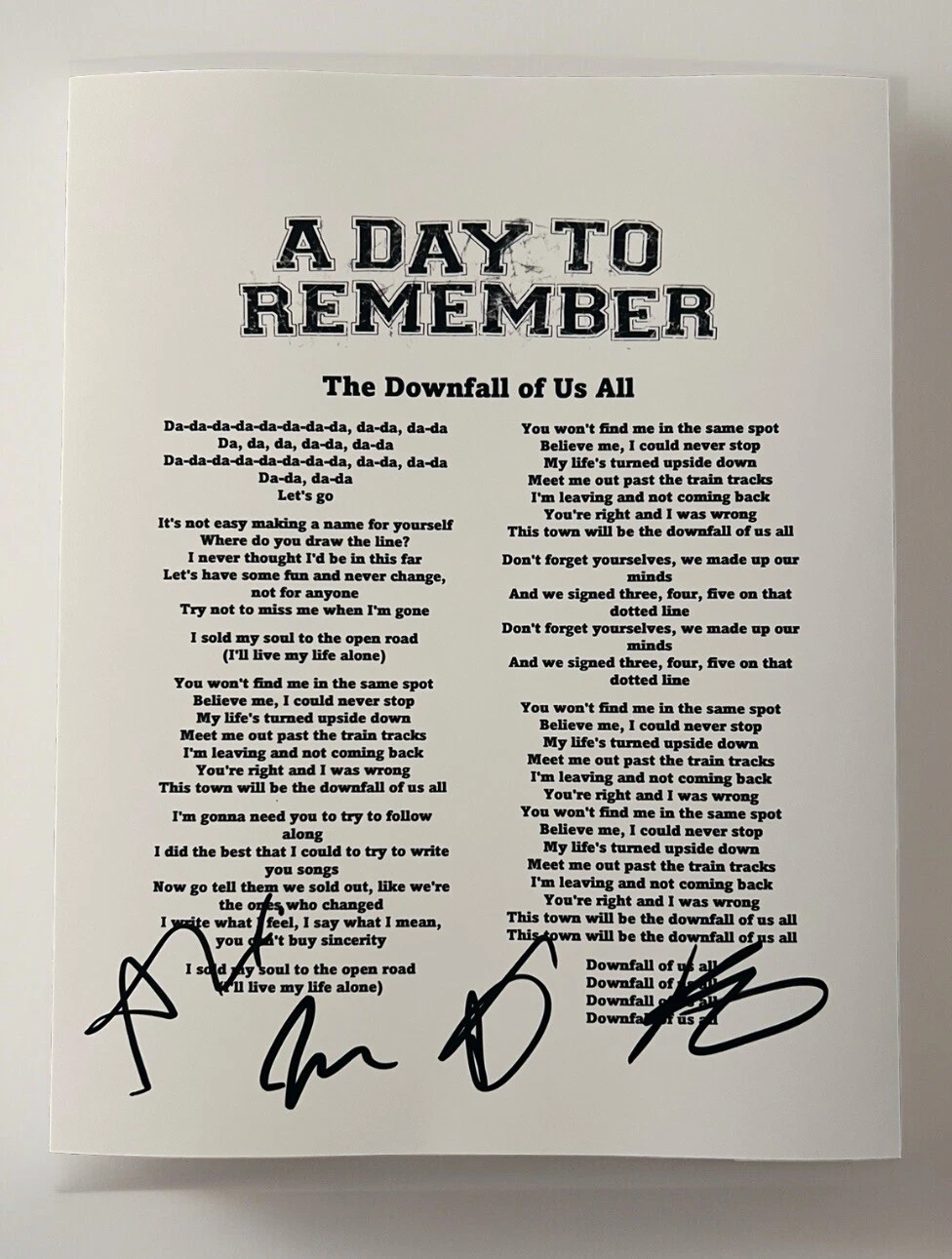A DAY TO REMEMBER BAND SIGNED LYRIC SHEET THE DOWNFALL OF US ALL AUTOGRAPH COA