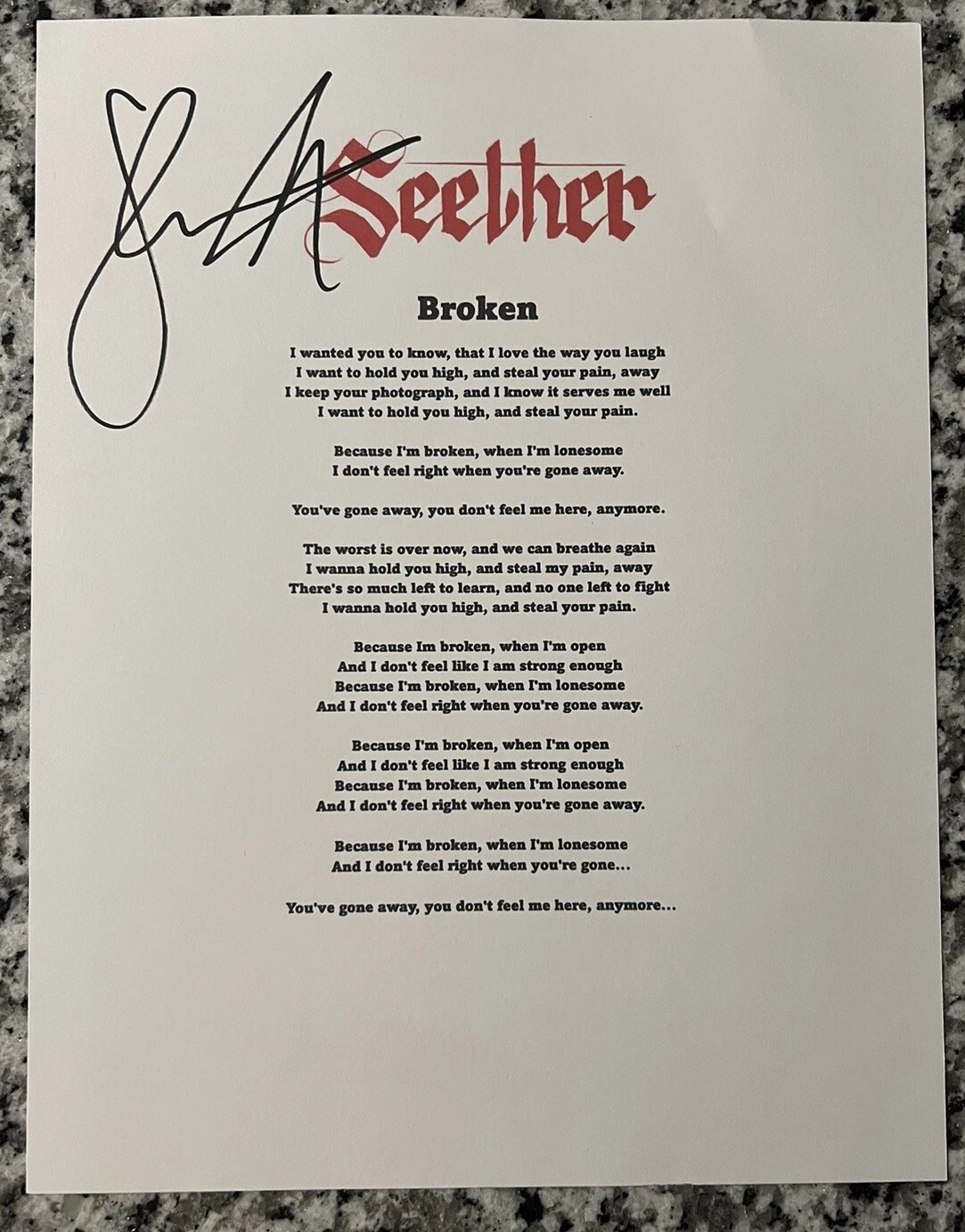 SHAUN MORGAN SIGNED LYRIC SHEET SEETHER SINGER BROKEN AUTOGRAPH COA