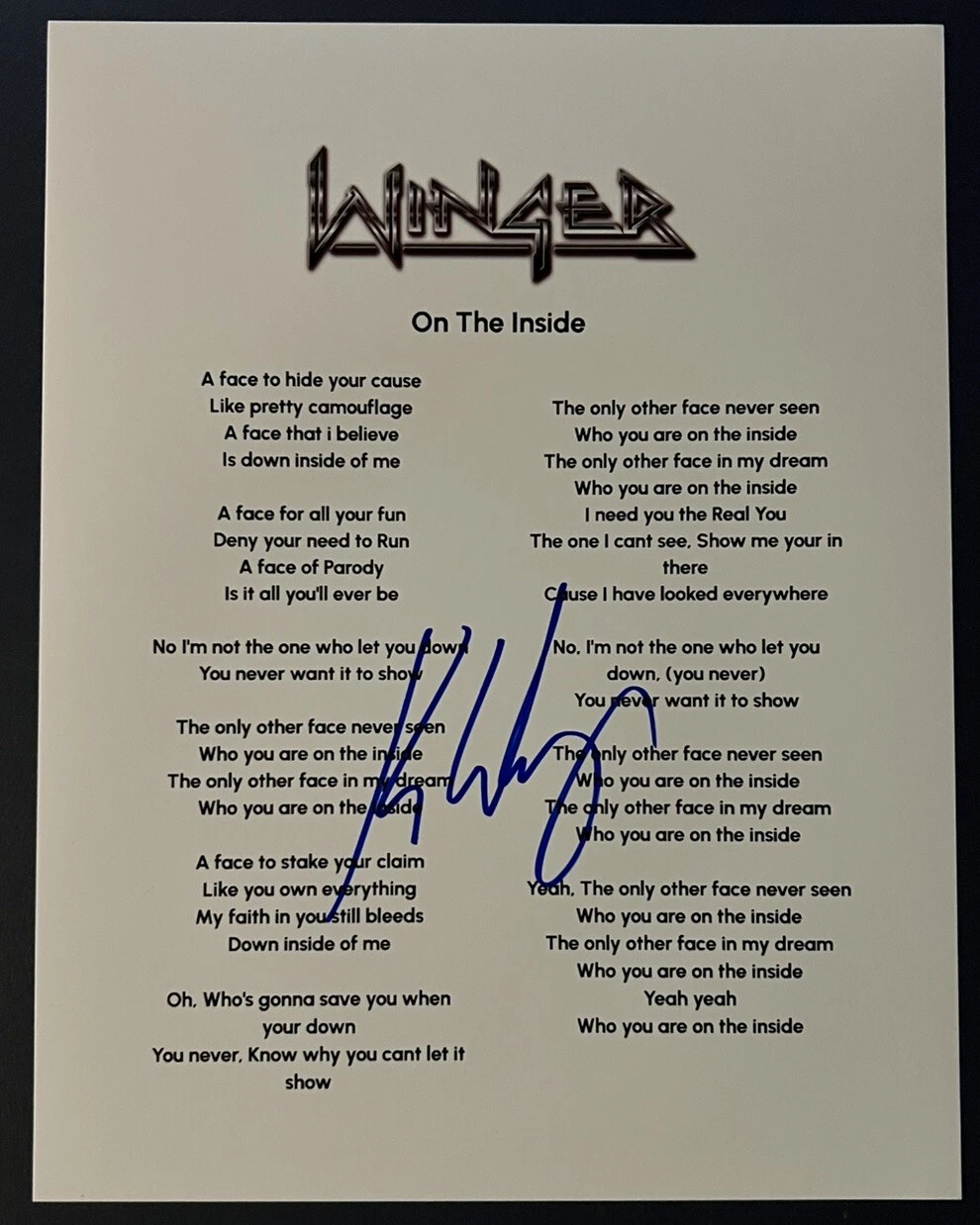 KIP WINGER SIGNED LYRIC SHEET WINGER BAND SINGER ON THE INSIDE AUTOGRAPH COA