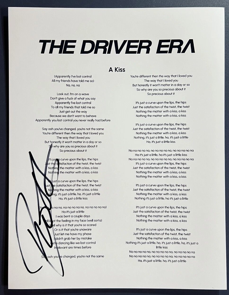 ROSS LYNCH SIGNED LYRIC SHEET THE DRIVER ERA LEAD SINGER A KISS AUTOGRAPH COA