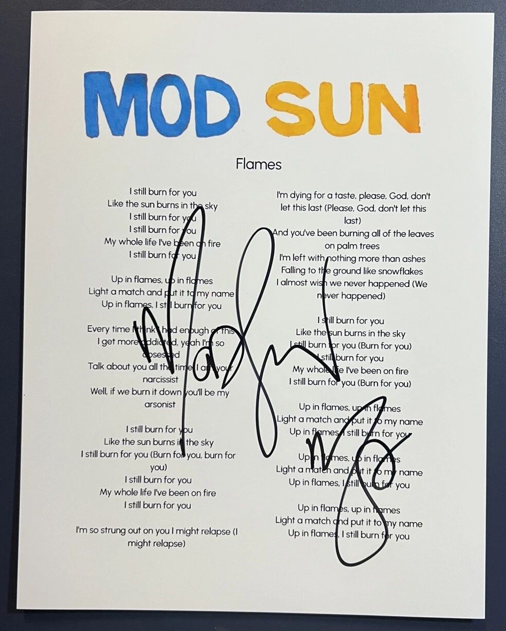 MOD SUN SIGNED LYRIC SHEET RAP ROCK SINGER FLAMES AUTHENTIC AUTOGRAPH COA