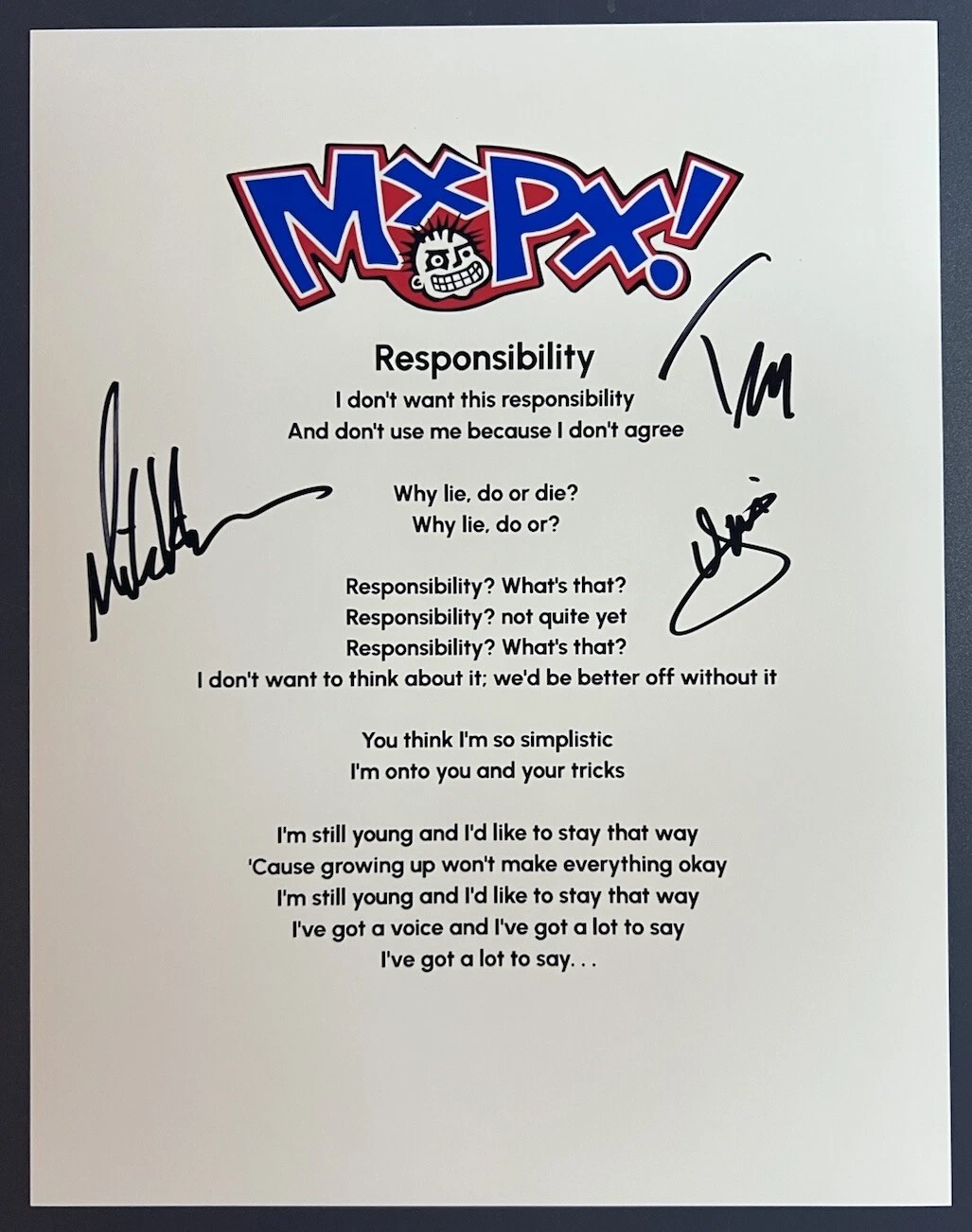 MXPX FULL BAND SIGNED LYRIC SHEET RESPONSIBILITY AUTOGRAPH AUTHENTIC COA
