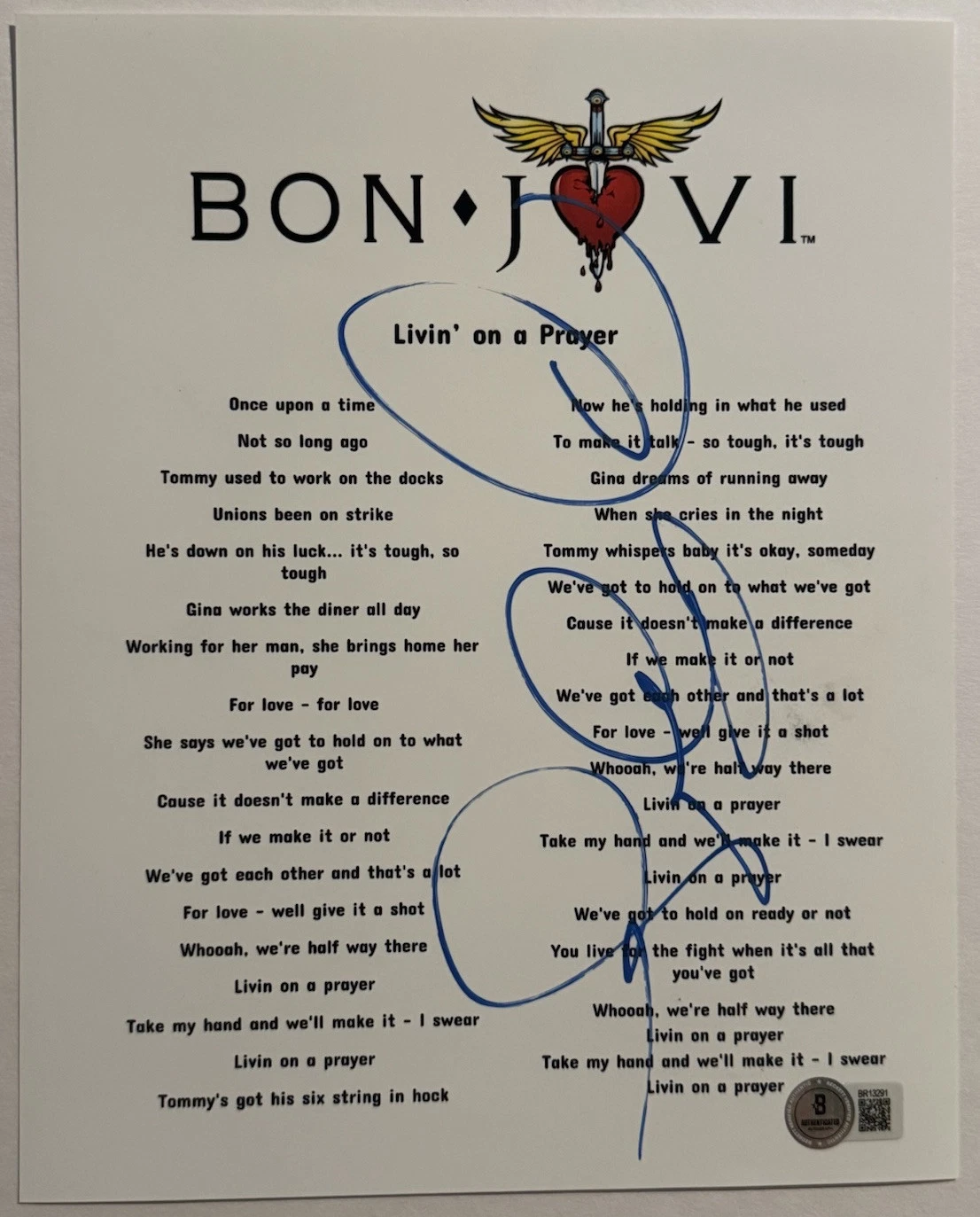 BON JOVI SIGNED LYRIC SHEET LIVIN ON A PRAYER AUTOGRAPH AUTHENTIC BECKETT