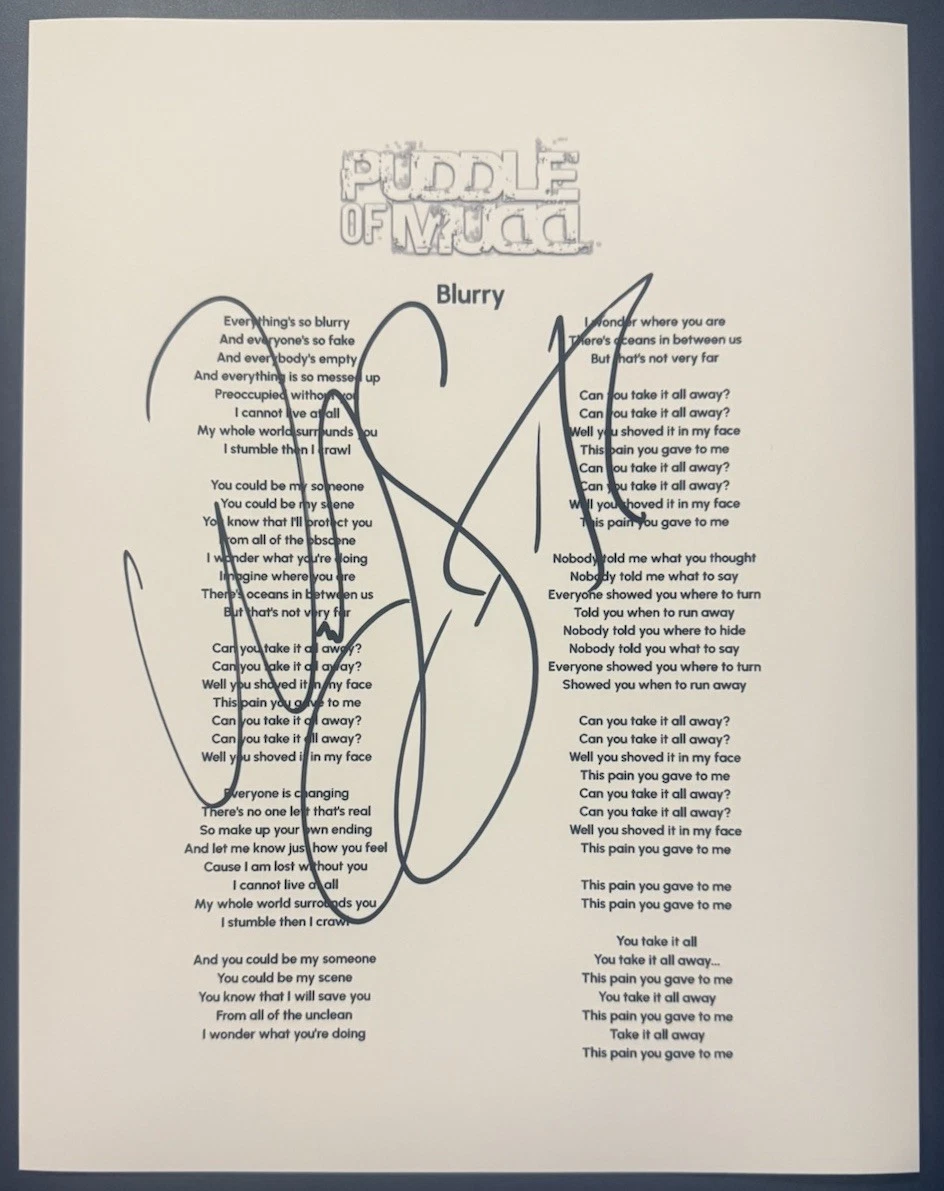 WESLEY SCANTLIN SIGNED LYRIC SHEET BLURRY PUDDLE OF MUDD SINGER AUTOGRAPH COA