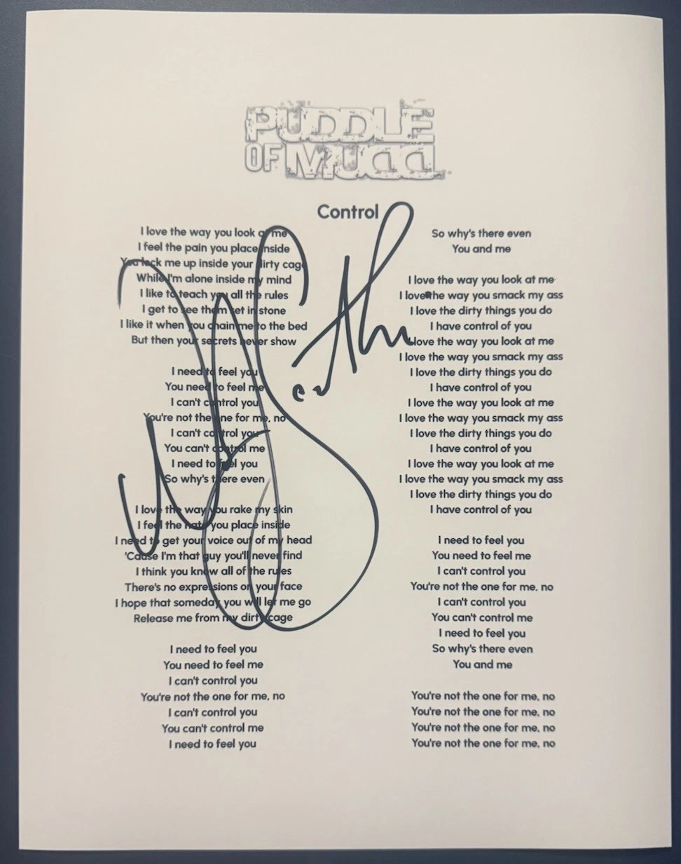 WESLEY SCANTLIN SIGNED LYRIC SHEET CONTROL PUDDLE OF MUDD SINGER AUTOGRAPH COA COLLECTIBLE MEMORABILIA