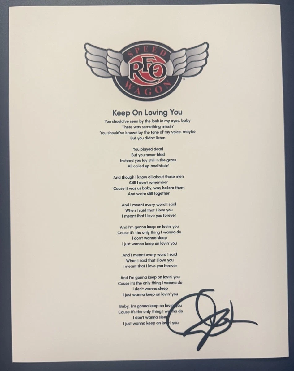 KEVIN CRONIN SIGNED LYRIC SHEET KEEP ON LOVING YOU REO SPEEDWAGON AUTOGRAPH COA