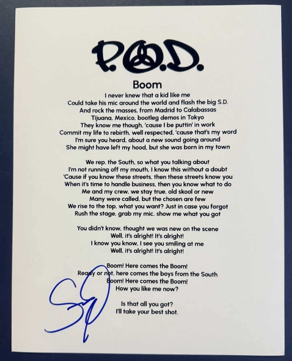 SONNY SANDOVAL SIGNED LYRIC SHEET P.O.D SINGER BOOM AUTOGRAPH AUTHENTIC COA