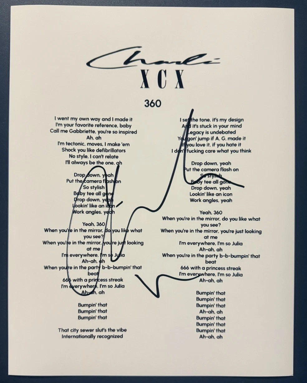 CHARI XCX SIGNED 360 SONG LYRIC SHEET SINGER BRAT ALBUM AUTHENTIC AUTOGRAPH COA