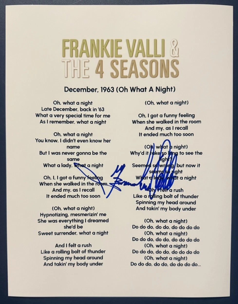 FRANKIE VALLI SIGNED LYRIC SHEET DECEMBER, 1963 SINGER AUTHENTIC AUTOGRAPH COA