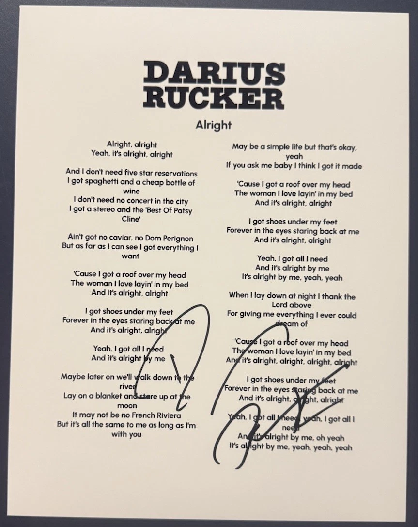 DARIUS RUCKER SIGNED LYRIC SHEET ALRIGHT COUNTRY SINGER AUTOGRAPH COA