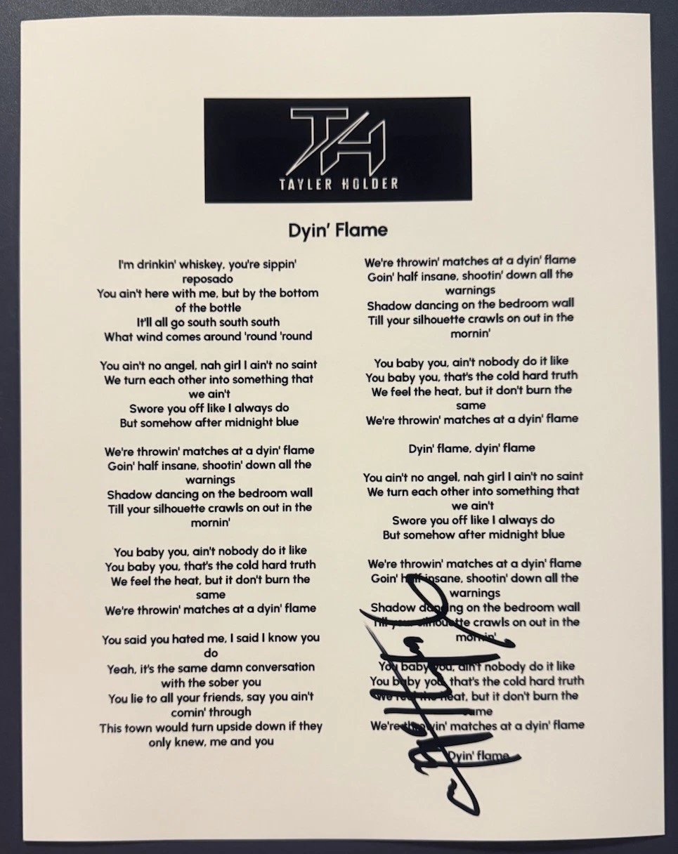 TAYLER HOLDER SIGNED LYRIC SHEET DYIN’ FLAME AUTHENTIC AUTOGRAPH COA
