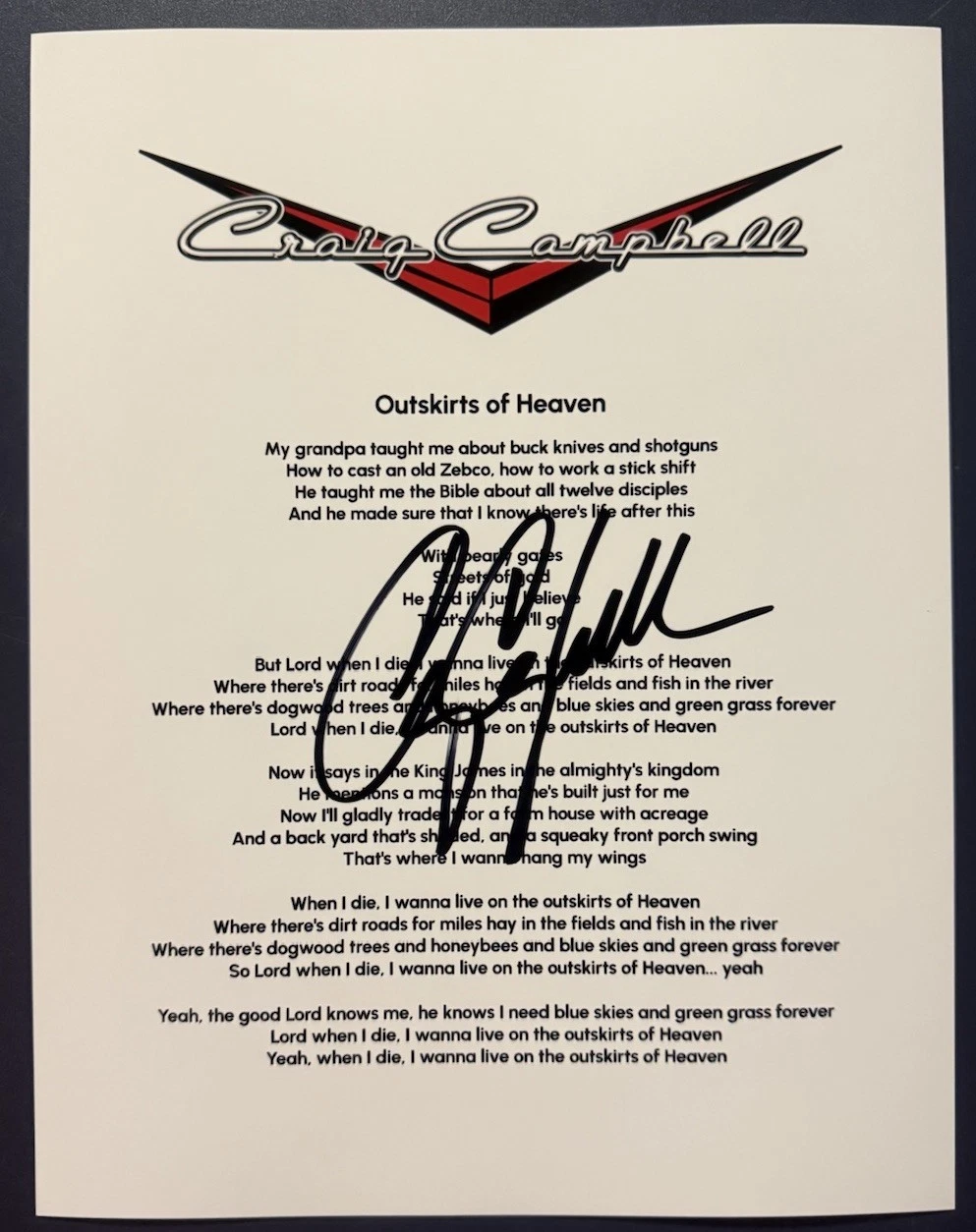 CRAIG CAMPBELL SIGNED LYRIC SHEET OUTSKIRTS OF HEAVEN AUTHENTIC AUTOGRAPH COA
