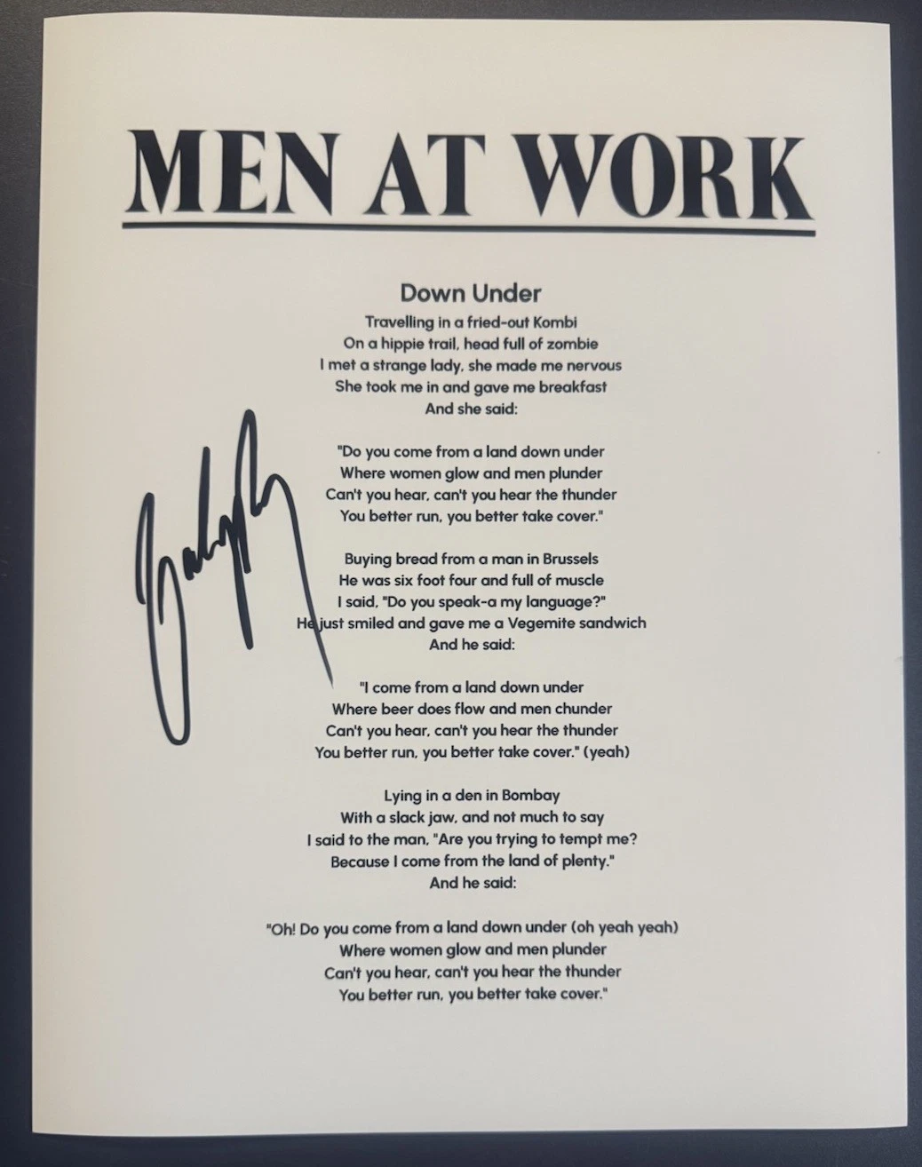 COLIN HAY SIGNED LYRIC SHEET DOWN UNDER MEN AT WORK SINGER AUTOGRAPH COA