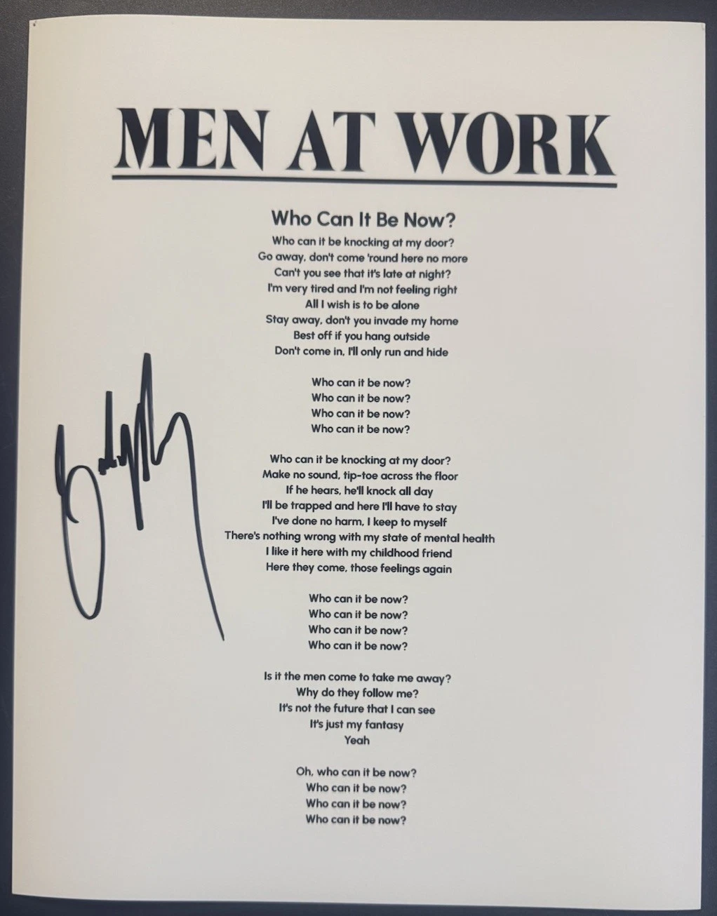 COLIN HAY SIGNED LYRIC SHEET MEN AT WORK SINGER WHO CAN IT BE NOW AUTOGRAPH COA