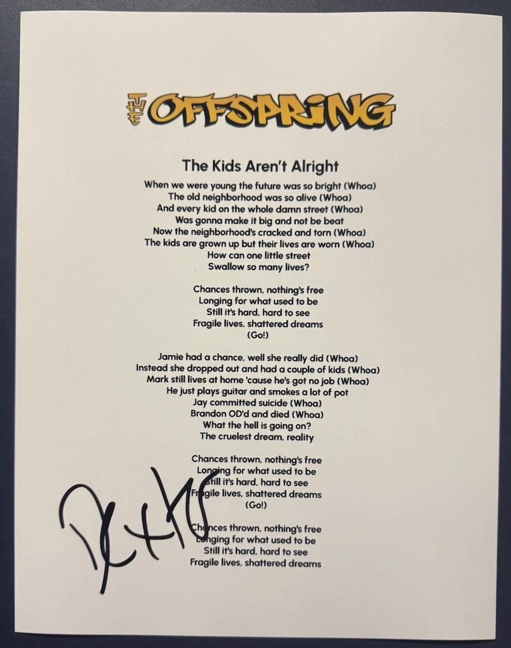 DEXTER HOLLAND SIGNED LYRIC SHEET THE KIDS AREN’T ALRIGHT AUTOGRAPH COA