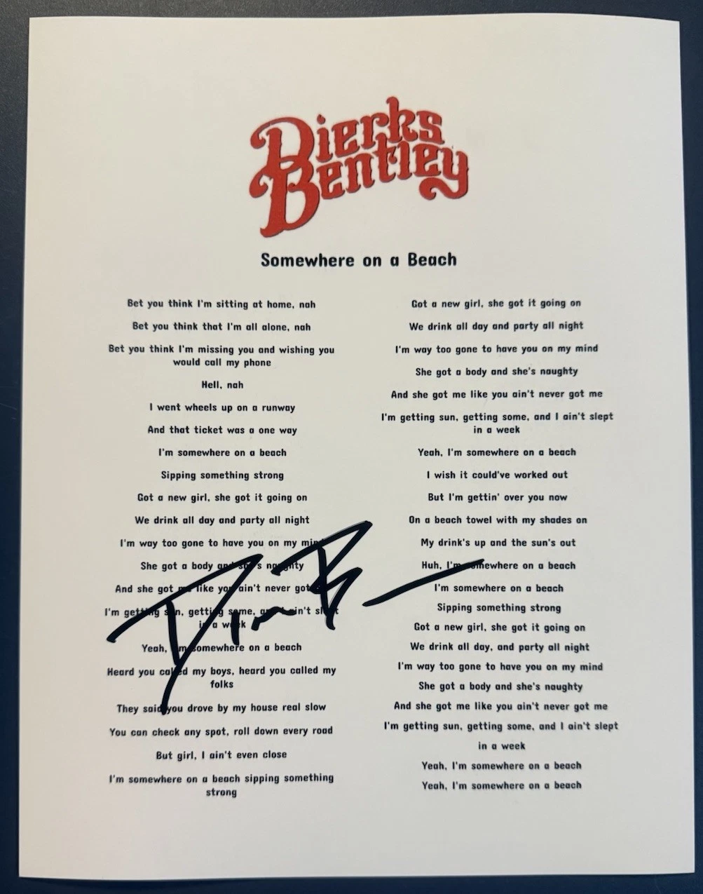 DIERKS BENTLEY SIGNED LYRIC SHEET COUNTRY SOMEWHERE ON A BEACH AUTOGRAPH COA