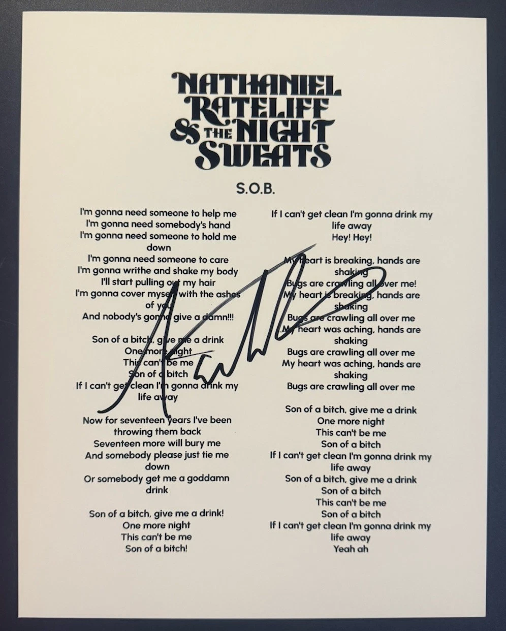 NATHANIEL RATELIFF SIGNED LYRIC SHEET S.O.B. SINGER AUTHENTIC AUTOGRAPH COA