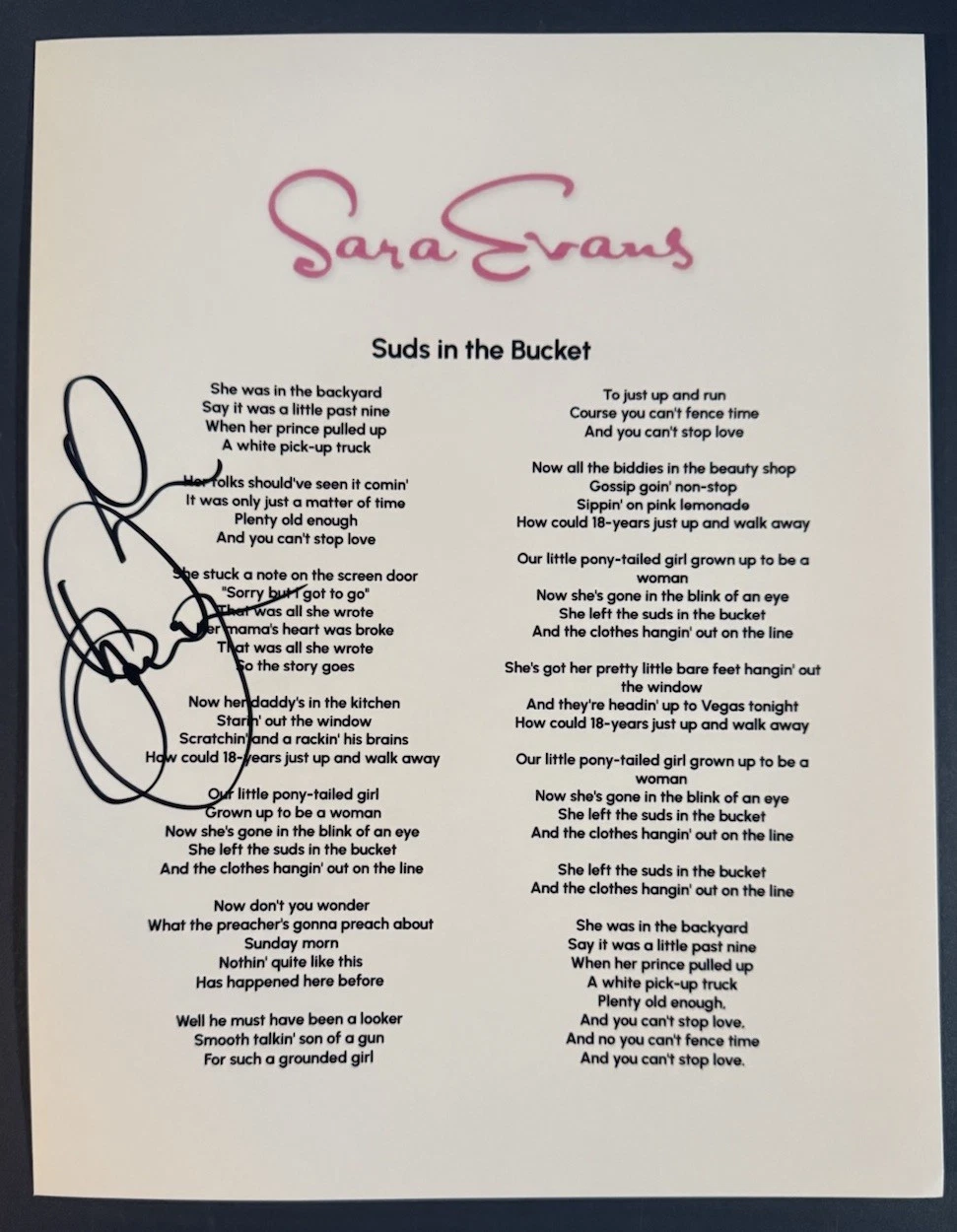 SARA EVANS SIGNED LYRIC SHEET COUNTRY SINGER SUDS IN THE BUCKET AUTOGRAPH COA COLLECTIBLE MEMORABILIA