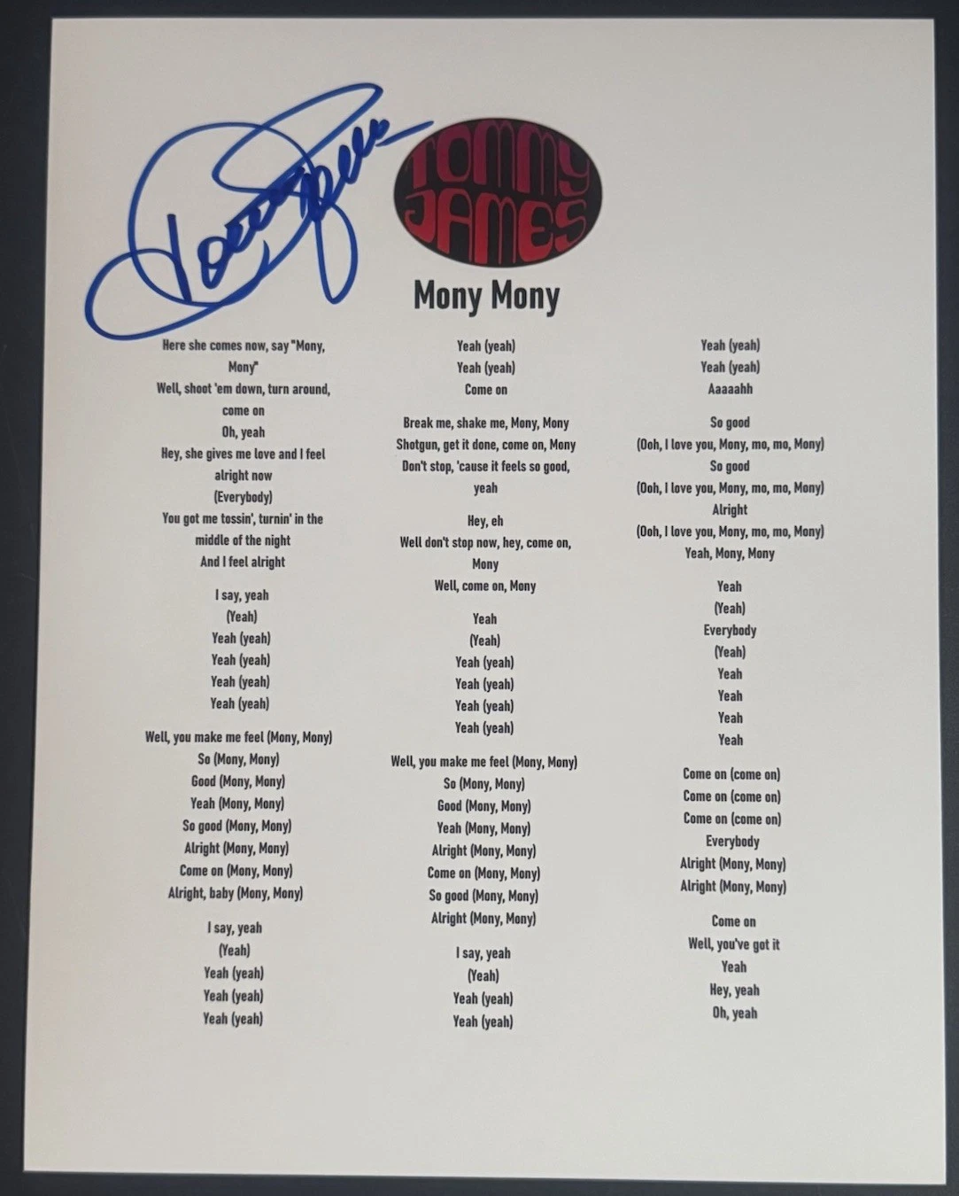 TOMMY JAMES SIGNED LYRIC SHEET SINGER MONY MONY SONG AUTHENTIC AUTOGRAPH COA