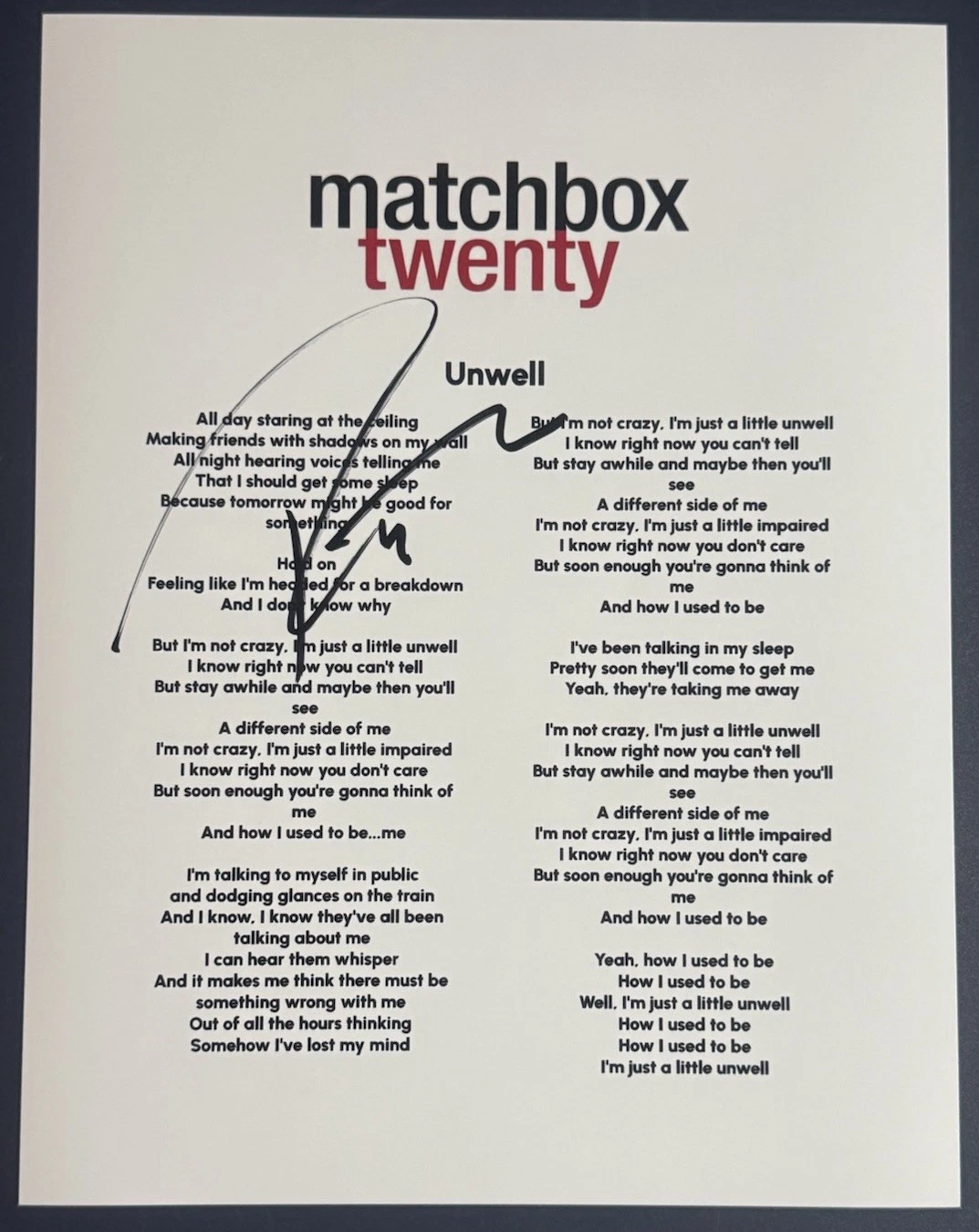 ROB THOMAS SIGNED LYRIC SHEET MATCHBOX 20 SINGER UNWELL AUTOGRAPH COA