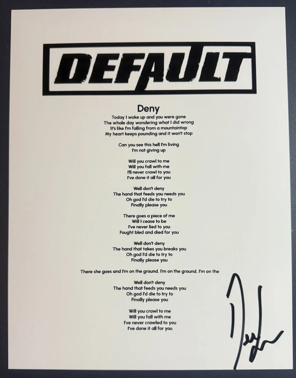 DALLAS SMITH SIGNED LYRIC SHEET DEFAULT SINGER AUTOGRAPH DENY SONG COA