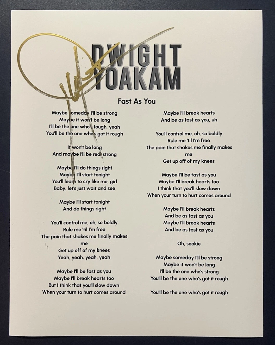 DWIGHT YOAKAM SIGNED LYRIC SHEET FAST AS YOU COUNTRY AUTHENTIC AUTOGRAPH COA
