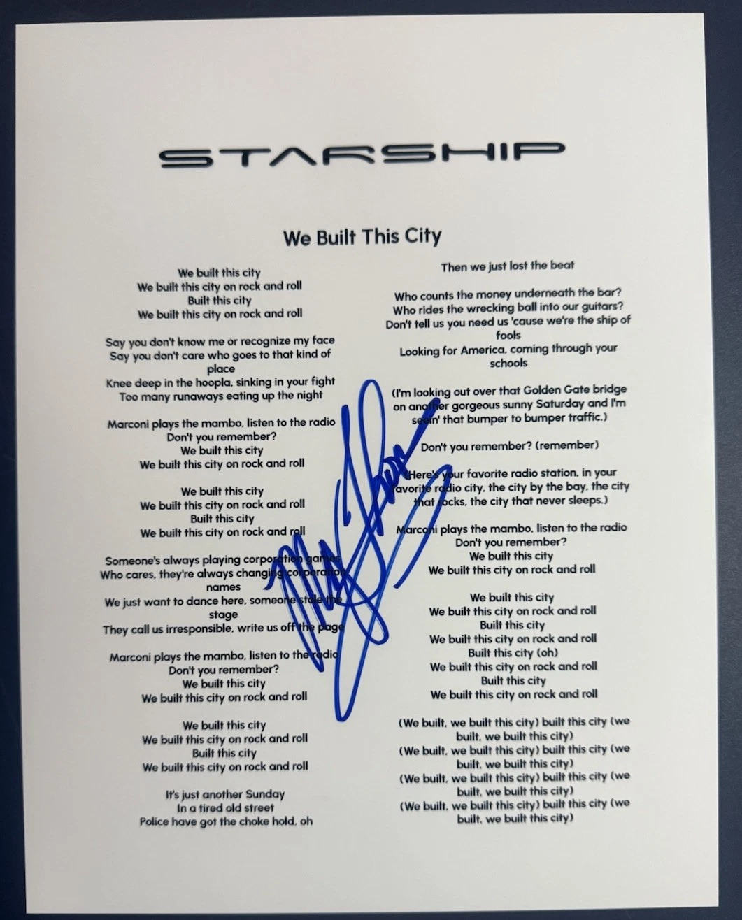 MICKEY THOMAS SIGNED LYRIC SHEET WE BUILT THIS CITY STARSHIP AUTOGRAPH COA