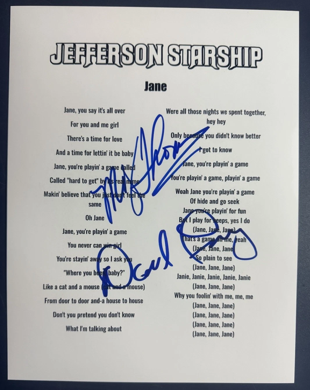 MICKEY THOMAS & DAVID FREIBERG SIGNED LYRIC SHEET JANE AUTOGRAPH AUTHENTIC COA