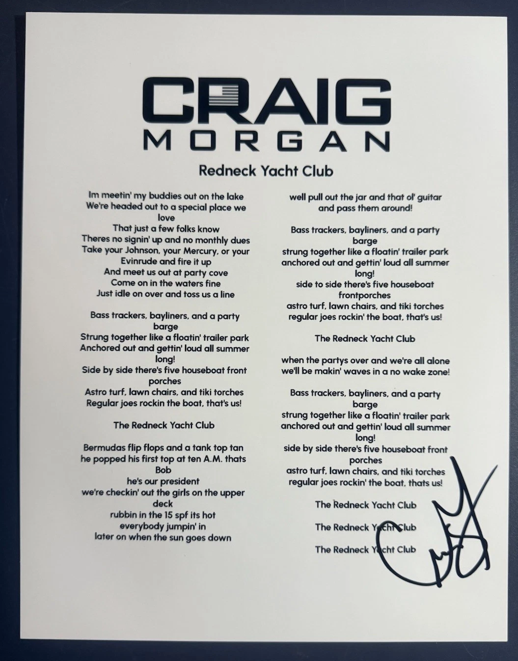 CRAIG MORGAN SIGNED LYRIC SHEET REDNECK YACHT CLUB AUTOGRAPH COUNTRY COA