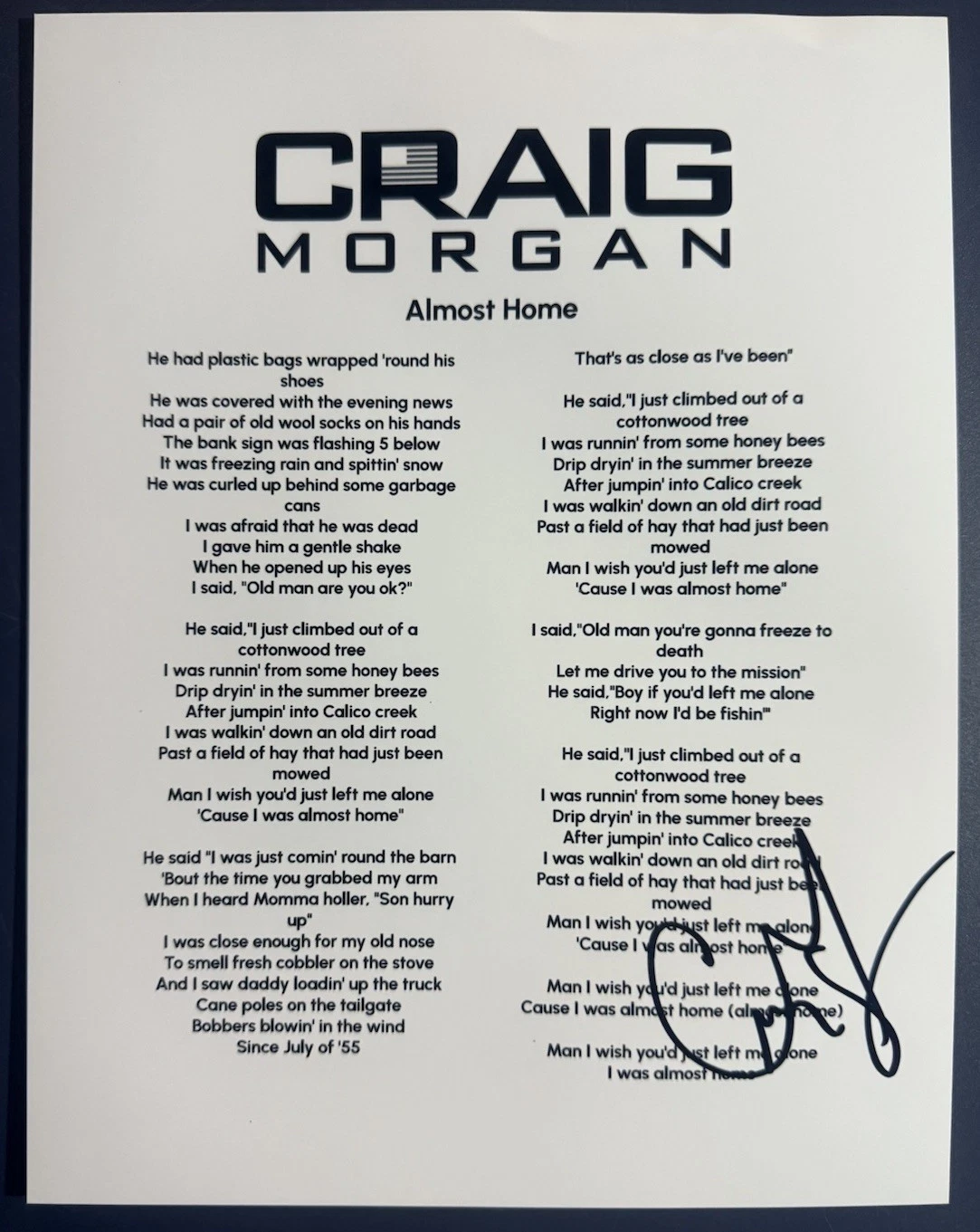 CRAIG MORGAN SIGNED LYRIC SHEET ALMOST HOME AUTOGRAPH COUNTRY COA