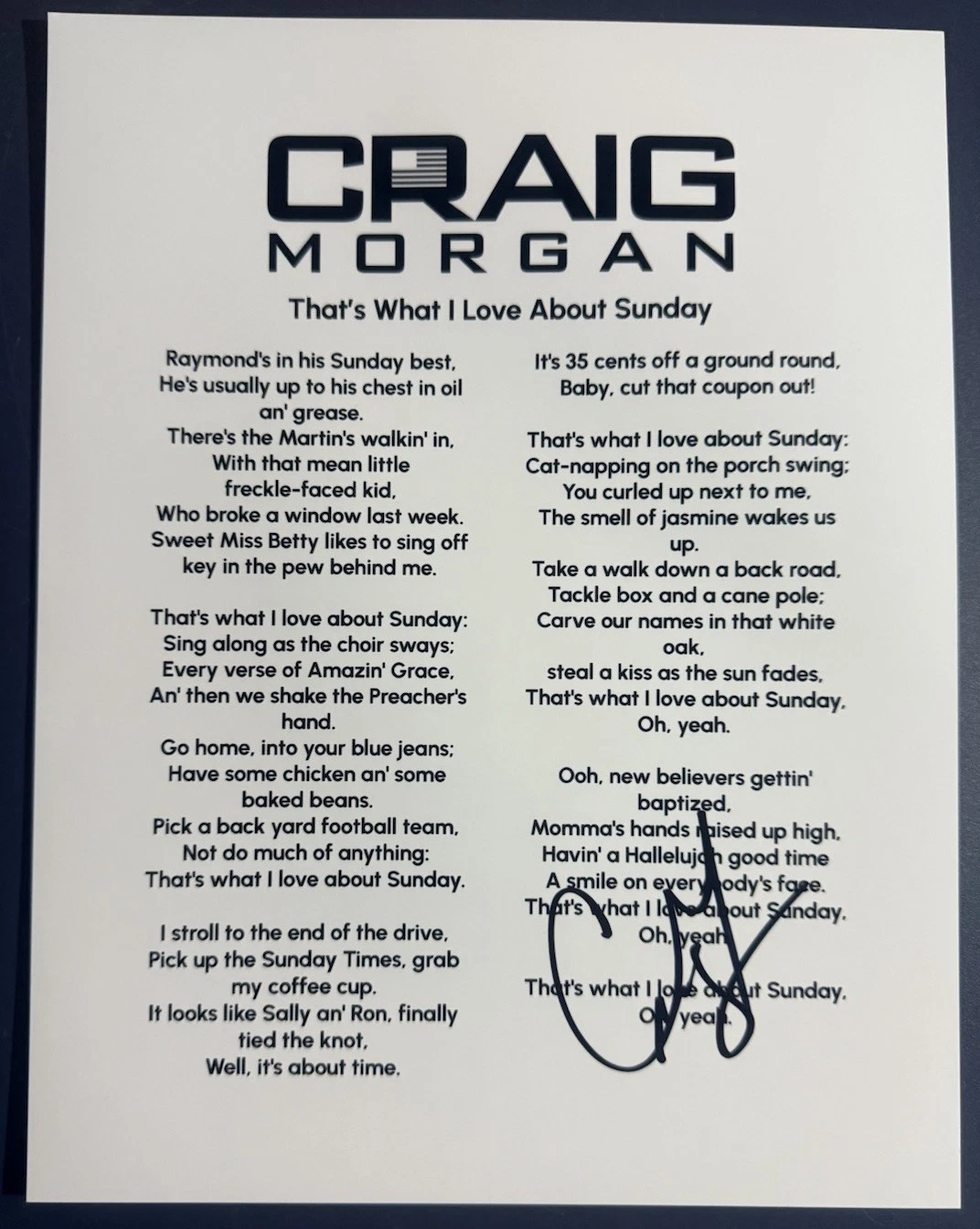 CRAIG MORGAN SIGNED LYRIC SHEET THAT’S WHAT I LOVE ABOUT SUNDAY AUTOGRAPH COA