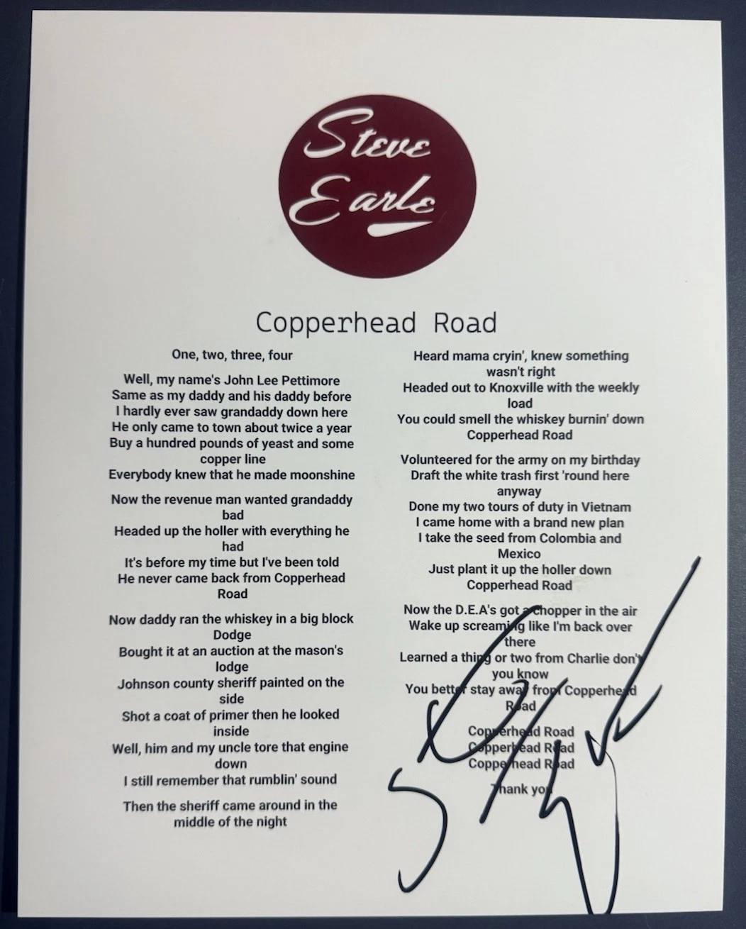 STEVE EARLE SIGNED LYRIC SHEET COPPERHEAD ROAD AUTHENTIC AUTOGRAPH COUNTRY COA