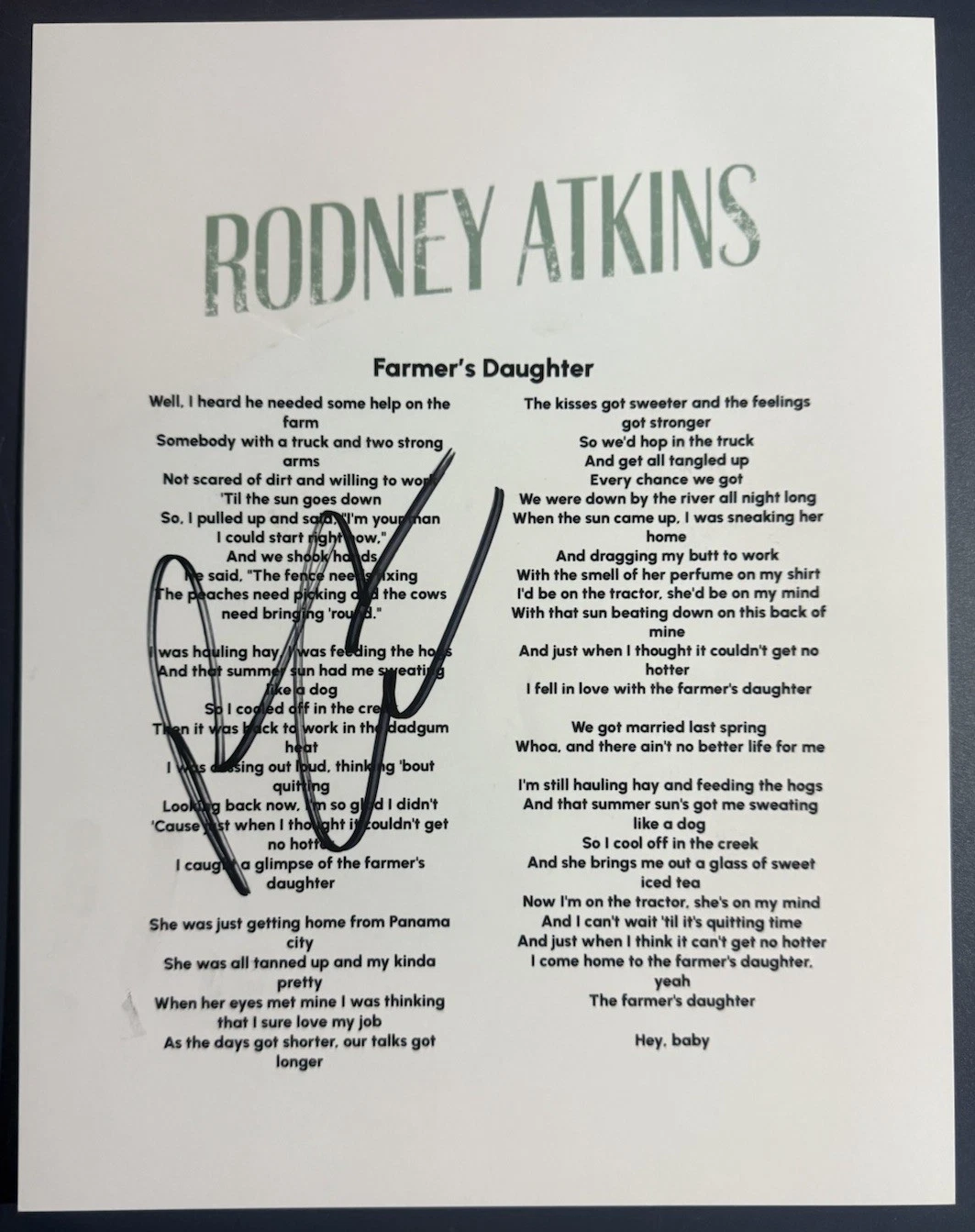 RODNEY ATKINS SIGNED LYRIC SHEET FARMER’S DAUGHTER AUTOGRAPH COUNTRY COA