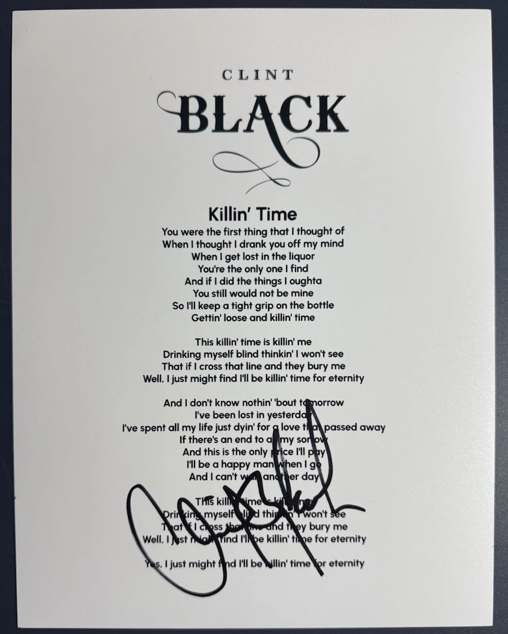 CLINT BLACK SIGNED KILLIN’ TIME LYRIC SHEET COUNTRY AUTOGRAPH AUTHENTIC COA