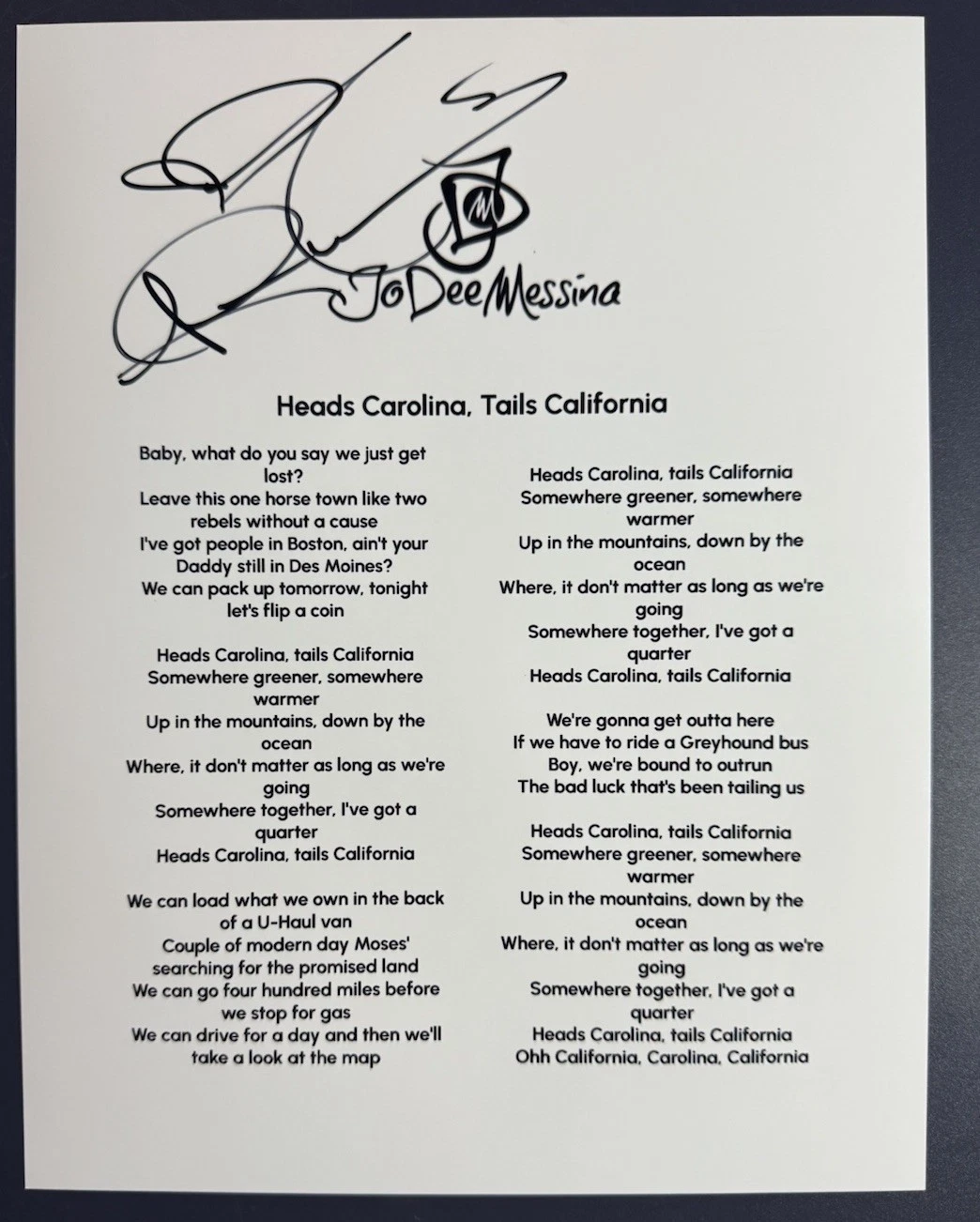 JO DEE MESSINA SIGNED HEADS CAROLINA, TAILS CALIFORNIA LYRIC SHEET AUTOGRAPH COA