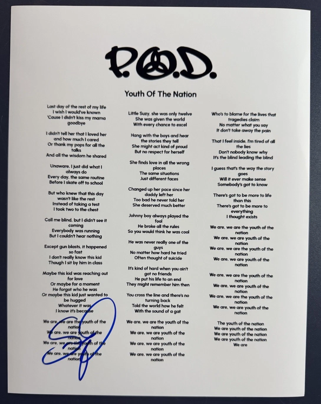 SONNY SANDOVAL SIGNED YOUTH OF THE NATION POD SINGER LYRIC SHEET AUTOGRAPH COA
