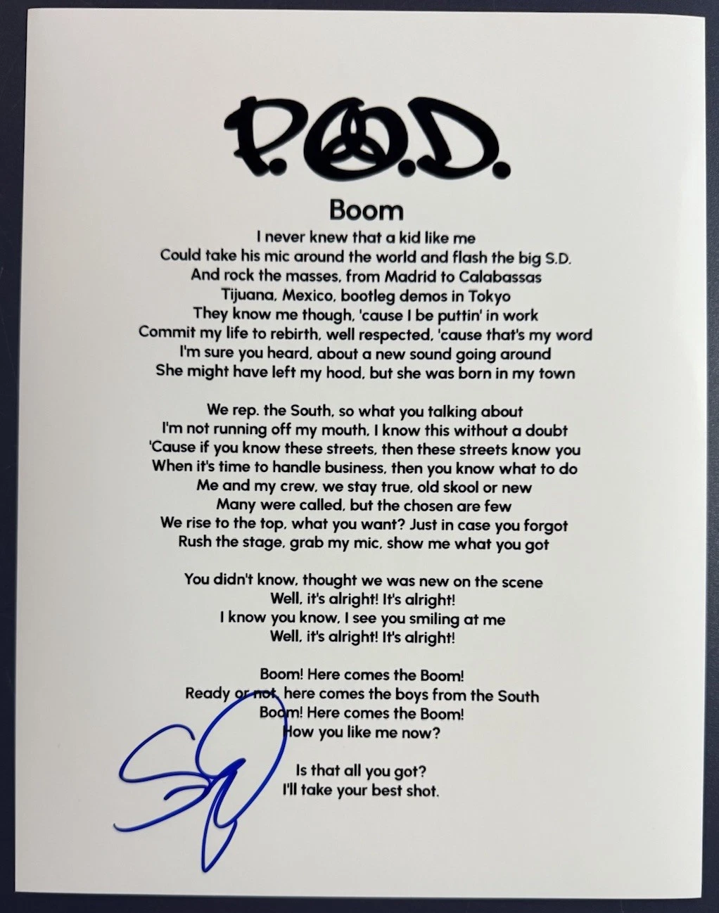 SONNY SANDOVAL SIGNED BOOM P.O.D SINGER LYRIC SHEET AUTOGRAPH AUTHENTIC COA