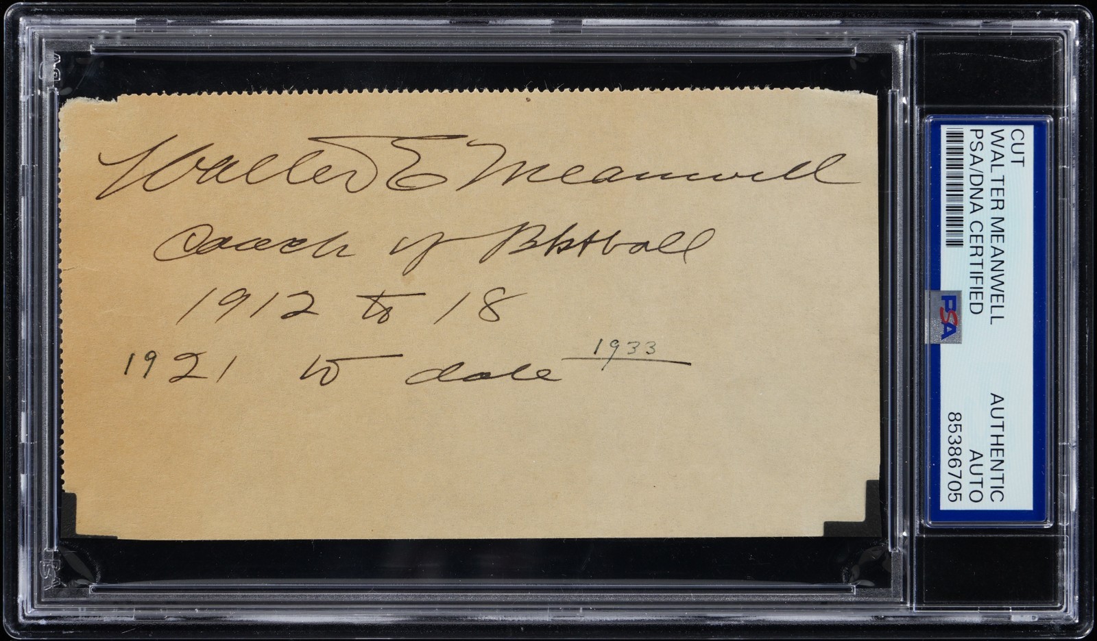Walter Meanwell University of Wisconsin & Missouri Signed Cut Dec. 1953 HOF PSA