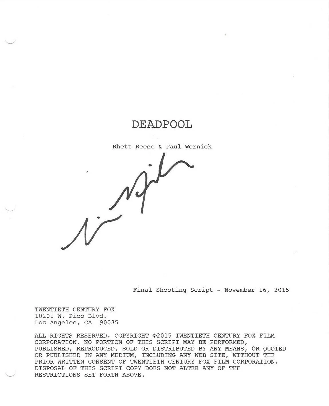 * TIM MILLER * SIGNED MOVIE SCRIPT * DEADPOOL * DIRECTOR * COA * 1 COLLECTIBLE MEMORABILIA