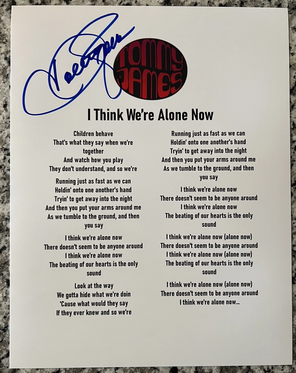 TOMMY JAMES SIGNED LYRIC SHEET I THINK WE’RE ALONE NOW AUTHENTIC AUTOGRAPH COA