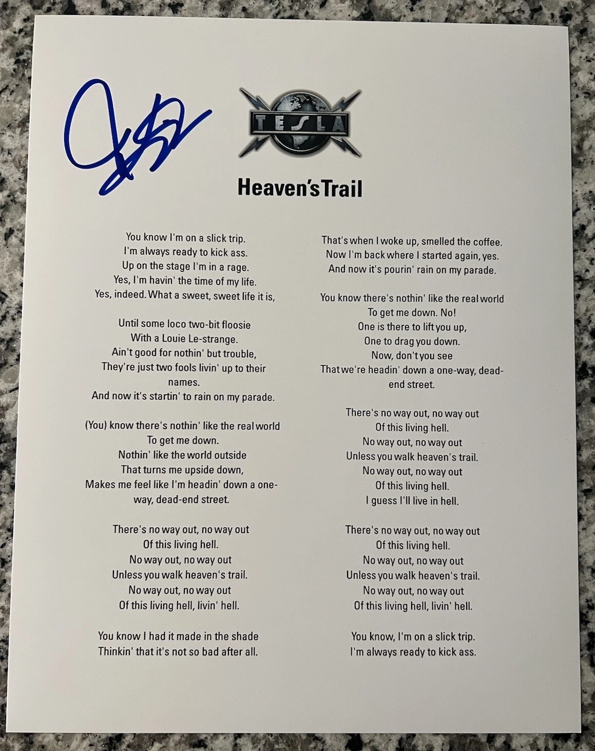 JEFF KEITH SIGNED LYRIC SHEET TESLA SINGER HEAVENS TRAIL AUTOGRAPH AUTHENTIC COA